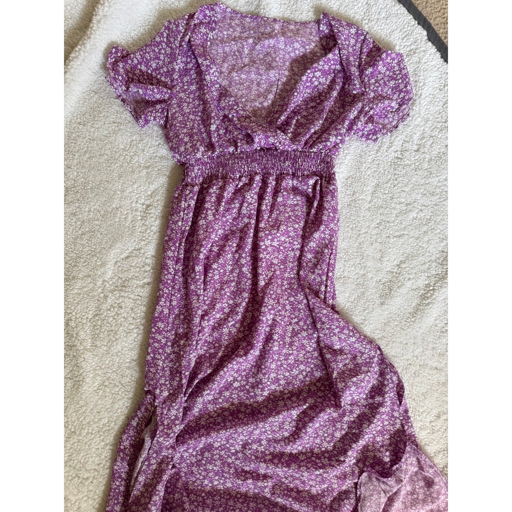 Maxi Dress Womens M Purple NWOT Floral V-Neck Smocked Waist Boho Slit